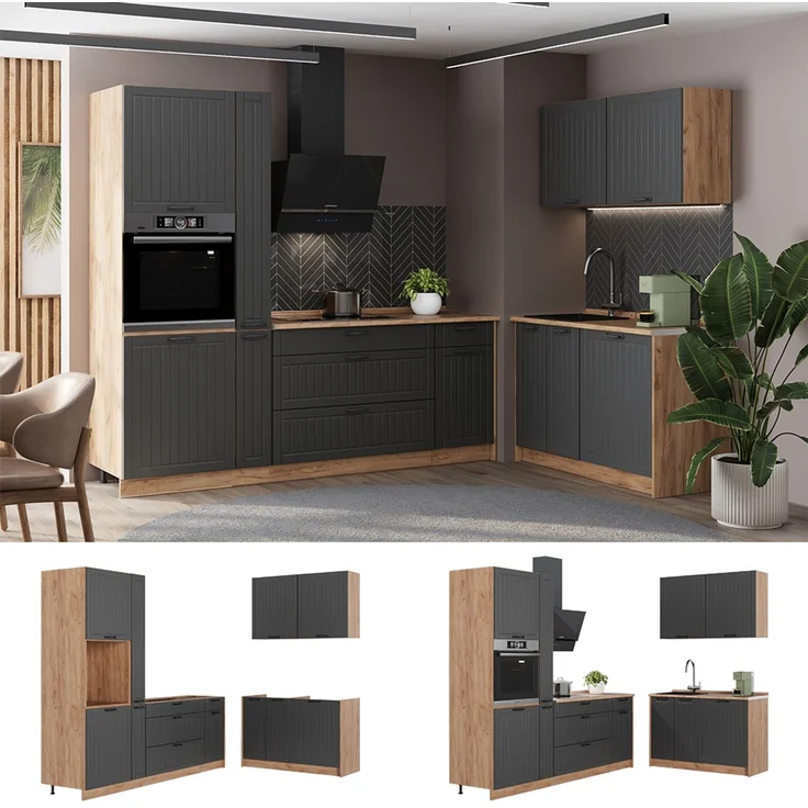 Küchenzeile Fame-Line Dunkelgrau/Goldkraft Eiche 220x120 cm ohne Arbeitsplatte Vicco – Bild 4