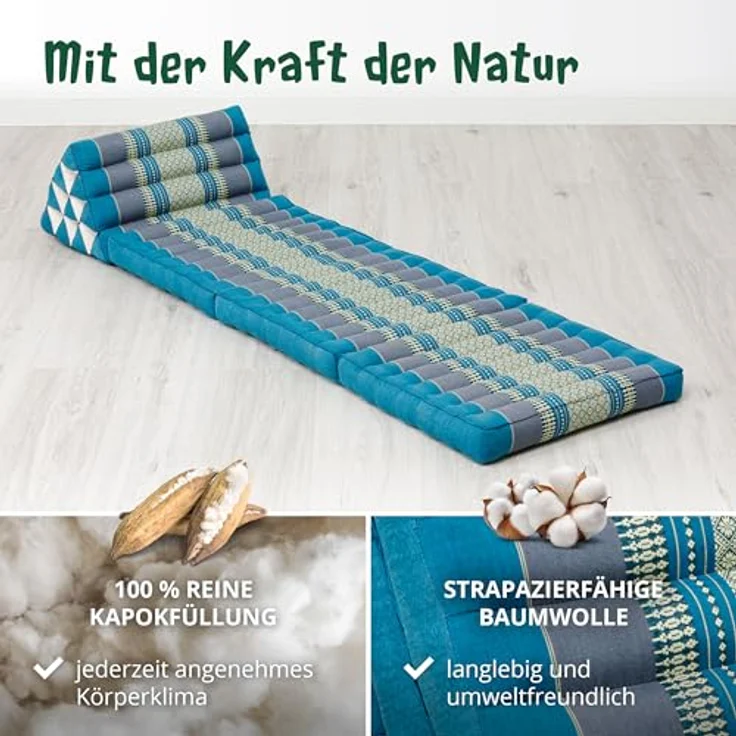 livasia Sitzsack Thaikissen 3 Auflagen (Classic) vegan und handgefertigt, 175x50x8cm, Kapok – Bild 5