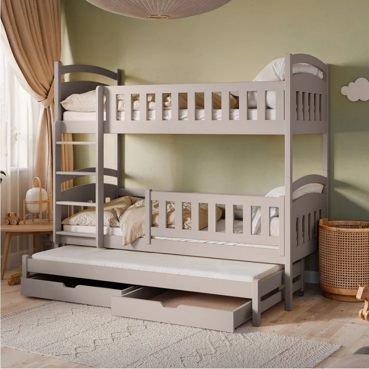 Kids Collective Etagenbett Hochbett Stockbett Kinderbett 90x200 cm mit Ausziehbett und Schubladen (Modell 2025), Umbaubar zu 3 Einzelbetten mit Lattenrosten & Rausfallschutz, Kaschmir