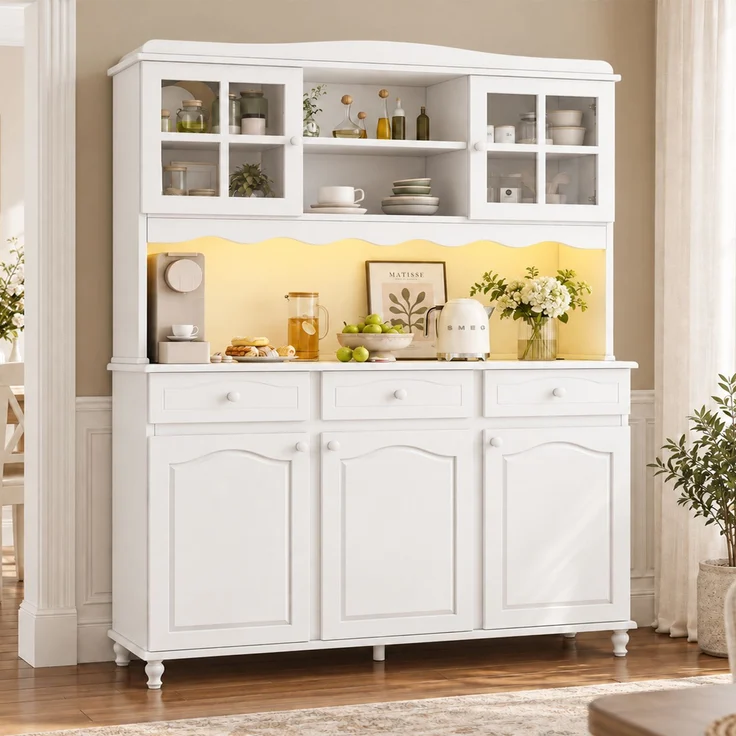 EINHOM Buffetschränke, Esszimmer-Hochschrank 135 x 40 x 185 cm, Mehrstufigem Stauraum, Integrierter Steckdose sowie USB-C- und USB-A-Anschlüssen, Farbiger LED-Streifen, Weiß – Bild 4