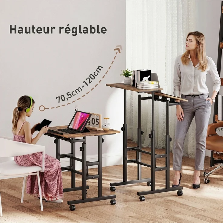 MELAYR, Sitz-Steh-Schreibtisch, höhenverstellbarer Schreibtisch 60 x 60 cm mit Rollen, Rustikales Braun – Bild 6