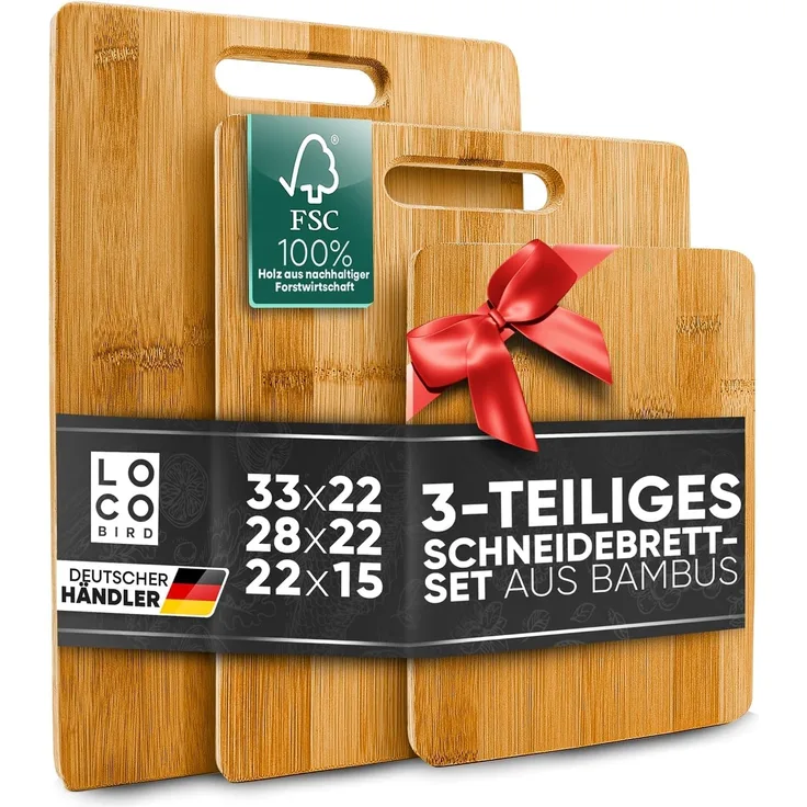 Loco Bird Schneidebrett 3er Set - 1x 33x22cm, 1x 28x22cm, 1x 15x22cm, Bambus, (Holzschneidebretter, 3-St, Holz-Brett für die Küche), Antibakterielles Schneidebrett aus Holz