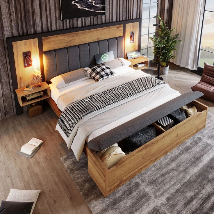 EINHOM Doppelbett Polsterbett 160 x 200 cm, Bettanlage mit Leselampe und USB C Nachttisch und Sitzbank mit Stauraum, Bettgestell mit Lattenrost aus Metall, Holz und Leinen, Eiche, (Ohne Matratze) – Bild 4