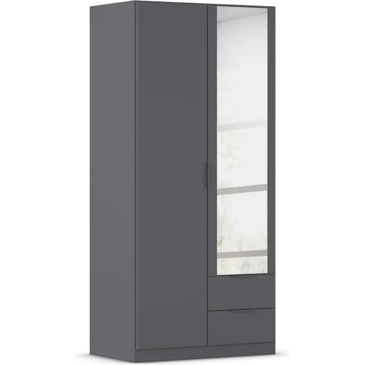 Rauch Möbel Lagoa, Kleiderschrank, Garderobe für Schlafzimmer, Kinderzimmer, Jugendzimmer 2-türig mit Spiegel, 2 Schubladen, mit Zubehör Premium, Farbe Grau metallic, Schwarz, Breite 91 – Bild 1
