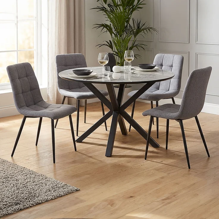 Esstisch mit 4 Stühlen Set Essgruppe Polsterstühle Leinen Grau Esszimmertisch Rund Ø 110 cm Modern Metall Schwarz – Bild 10