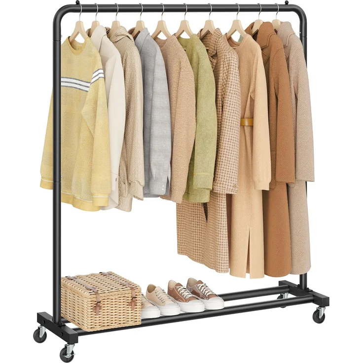SONGMICS Kleiderständer, Kleiderstange auf Rollen, Garderobenständer, 2 Rollen mit Bremse, Schlafzimmer, bis 50 kg belastbar, 38 x 110 x 141,5 cm, tintenschwarz HSR016BH01 – Bild 1