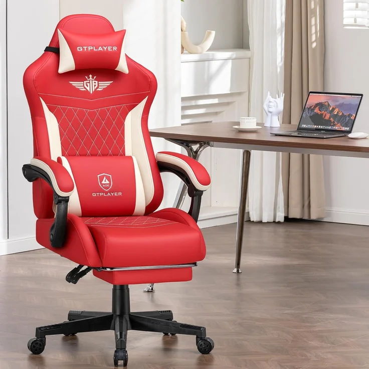 GTPLAYER Gaming Stuhl, Ergonomischer Gamer Stuhl aus PU-Leder mit Lendenwirbelstütze, PC-Stuhl mit verbreiterter Rückenlehne, Belastbar bis 150 kg, Rot – Bild 7