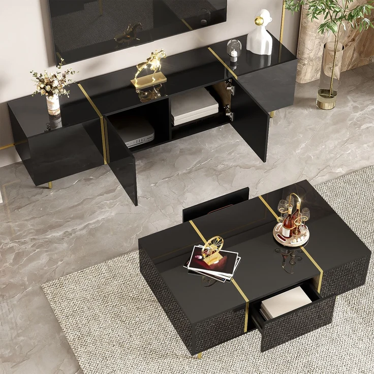 JARDJ Moderner Hochglanz-Schwarz TV-Schrank und Couchtisch Set – Bild 4