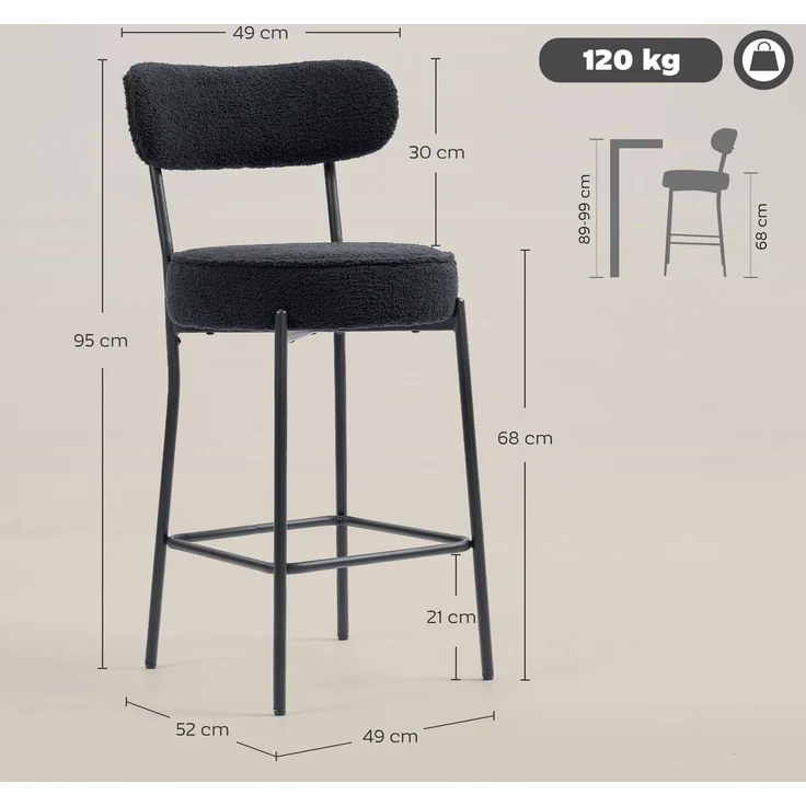 2er-Set Barstühle mit Polstersitz und Fußstütze, Fleece-Bezug, Metallrahmen, Schwarz--Schwarz--95x49x52cm--YOUDENOVA – Bild 5
