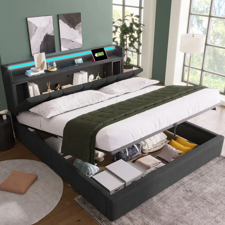 Polsterbett 140x200 cm mit Steckdosen, USB, RGBW-LED-App-Steuerung, Stauraum-Kopfteil & Bettkasten, Stoffbett Grau – Bild 5