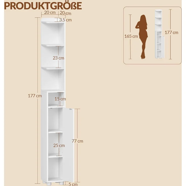 Badezimmerschrank Schmal, Toilettenschrank, Badschrank mit Verstellbare Einlegeböden, Badmöbel für Kleine Bäder, 20 x 20 x 177 cm, Weiß – Bild 8