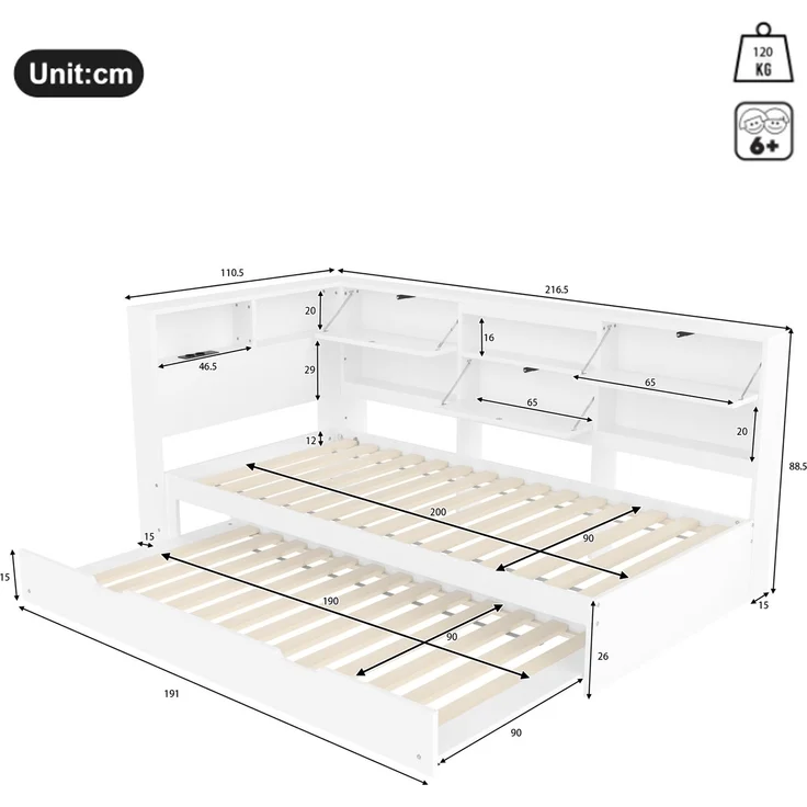 Daybett 90x200 cm mit Ausziehbett und Kopfteil mit Stauraum – Weiß, USB und Typ-C – Bild 8