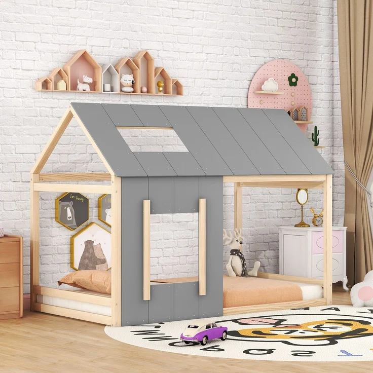 Kinderbett 90x200 cm in Hausform, Montessori Bett mit Dach und Fenster,offenes Design zum Dekorieren,Natur & Grau – Bild 3