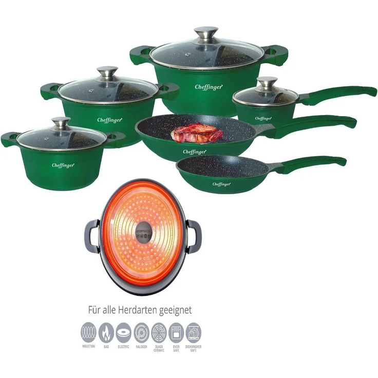 Kochtopf Kasserolle Bratpfannen Set 10-tlg grün Glasdeckel Cheffinger DA-1010GR – Bild 1
