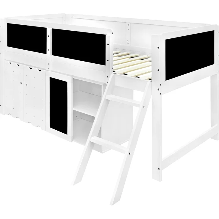 Merax Hochbett, 90x200cm Kinderbett, mit doppeltürigen Stauschränken und einer Tafel zum Malen, Zweistufige Schrägleiter, Sicherheitsgeländer, Weiß – Bild 9