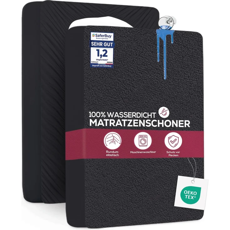 Utopia Bedding Matratzenschoner 90 x 200 x 30 cm Wasserdicht, Oeko-TEX Zertifiziert Matratzenauflage Atmungsaktive, Matratzenschutz, Rundum Elastisch Schwarz