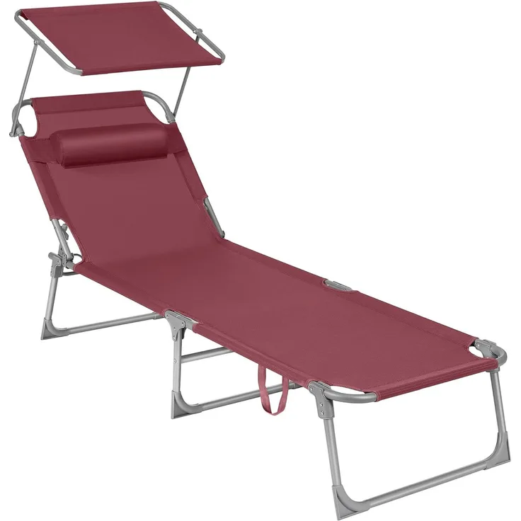 Songmics Sonnenliege, klappbarer Liegestuhl, 193 x 53 x 29 cm, max. Belastbarkeit 150 kg, mit Sonnenschutz, Kopfstütze und Verstellbarer Rückenlehne, für Garten, Pool, Terrasse, rot GCB192R01