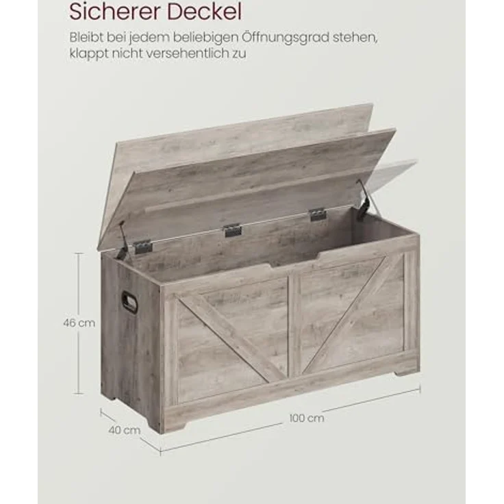 VASAGLE Schuhbank, Sitzbank mit Stauraum, Sitztruhe, 2 Sicherheitsscharniere, Aufbewahrungsschrank, Landhausstil, 40 x 100 x 46 cm, für Flur, Schlafzimmer, Wohnzimmer, Greige meliert LSB060K03 – Bild 4