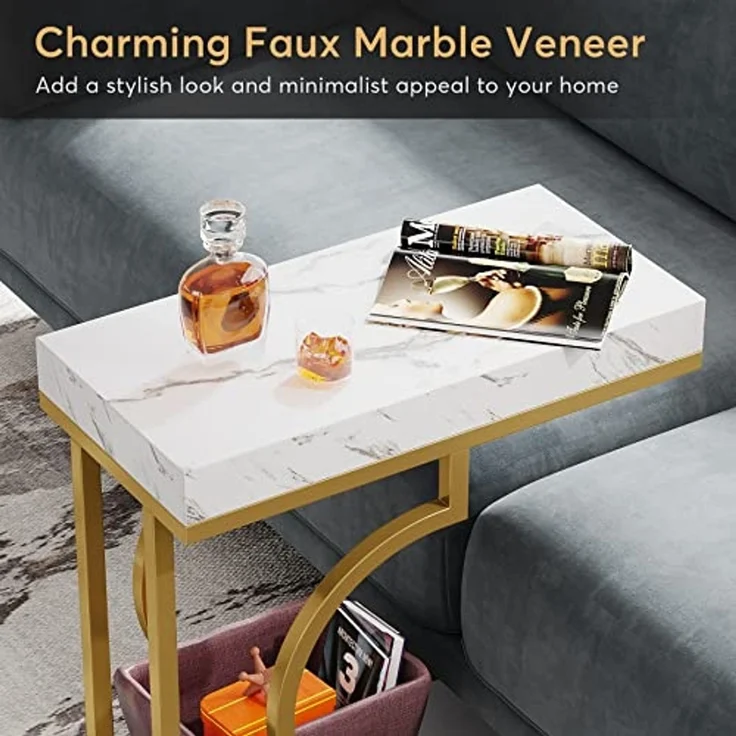 LITTLE TREE Schmaler Beistelltisch, C-förmig, moderner Nachttisch, Kleiner rechteckiger Beistelltisch für Sofa und Couch mit Metallgestell für das Wohnzimmer, Kunstmarmor Weißgold – Bild 7
