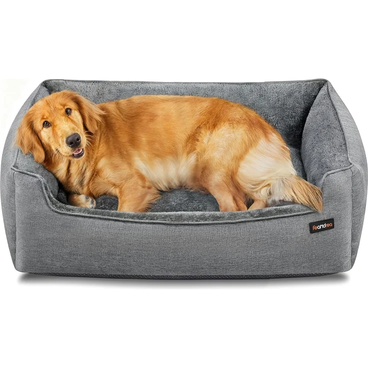 Feandrea Hundebett, Hundekissen in Leinenoptik, Hundekorb, erhöhte Ränder, rutschfeste Unterseite, Bezug abnehmbar waschbar, XL, für große Hunde, 100 x 75 x 25 cm, hellgrau PGW014GD01 – Bild 1