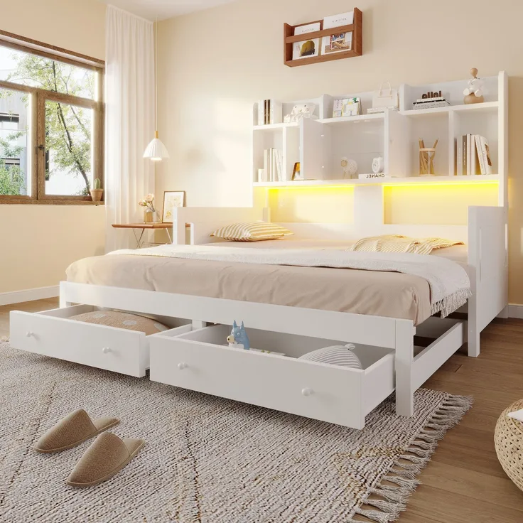 Multifunktionales Ausziehbares Schlafsofa Aus Holz Mit Schubladen, Ablageflächen, Schränken und offenen Fächern, Ausgestattet Mit Steckdosen und LED-Beleuchtung, Gästebett, Weiß
