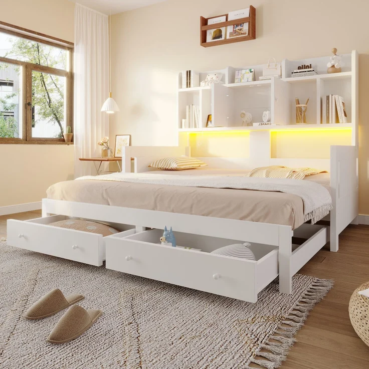 Multifunktionales Ausziehbares Schlafsofa Aus Holz Mit Schubladen, Ablageflächen, Schränken und offenen Fächern, Ausgestattet Mit Steckdosen und LED-Beleuchtung, Gästebett, Weiß – Bild 1