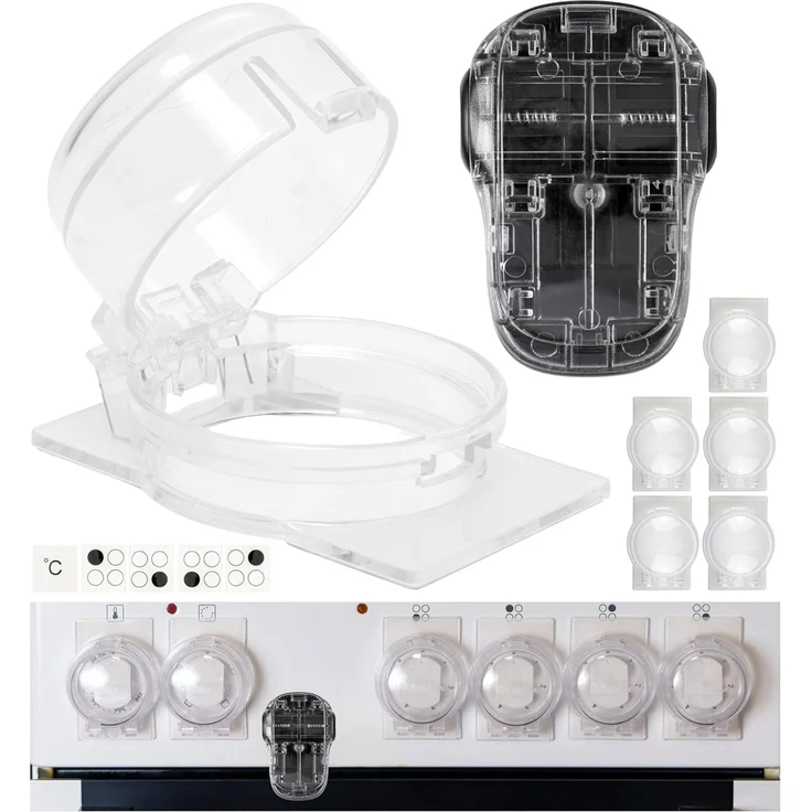 Herd Kindersicherung Set, für 6 Knöpfe, transparenter Kleber, mit Backofentür Kindersicherung, für max. Ø 4,9 cm und 4 cm hohe Herdknöpfe mit min. 6,1 cm Abstand Mitte-Mitte, Herdschutz Tür Knöpfe Kit – Bild 1