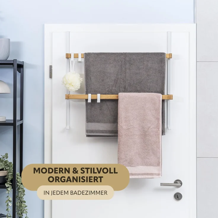 Tür-Hängeregal aus Metall und Bambus, 2 Handtuchstangen, 4 Haken, weiß – Bild 2