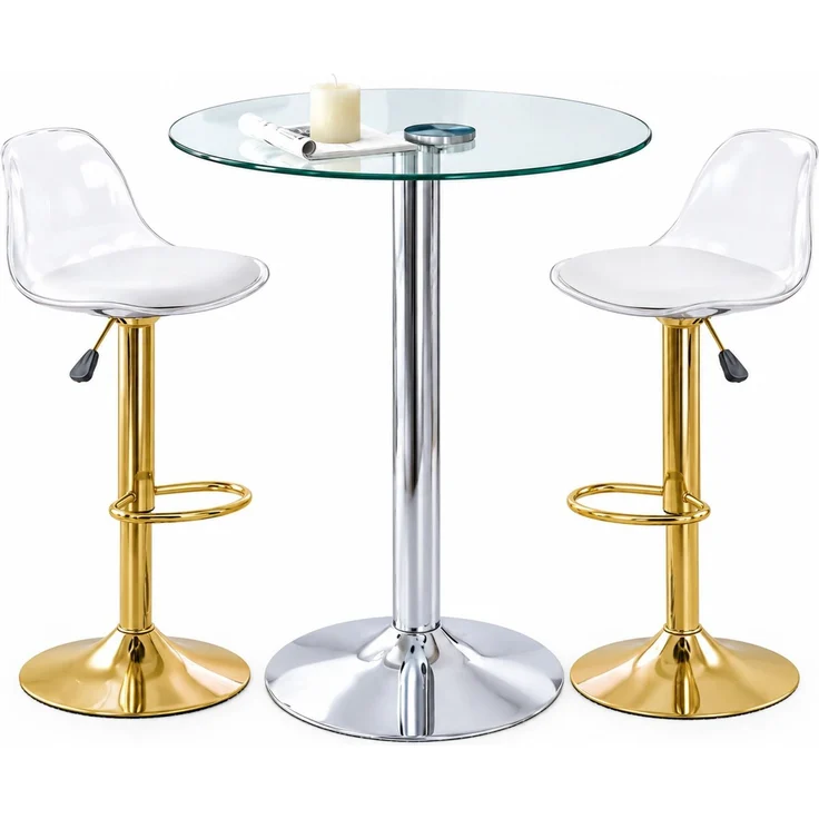Bartisch-Set mit Glasplatte & 2 drehbaren Barhockern, Ø 89x92 cm, transparent/goldfarben – Bild 7