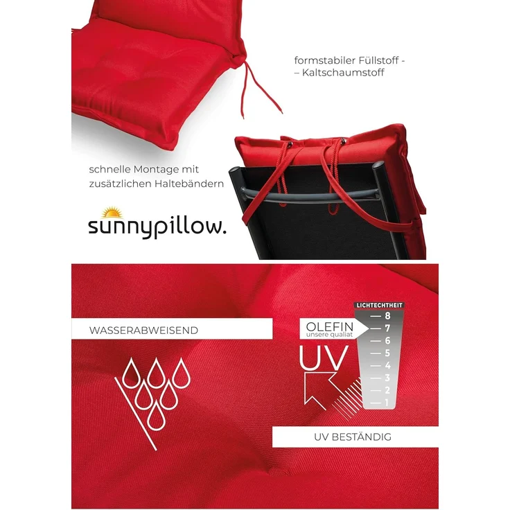 sunnypillow 6er Set Gartenstühle und Gartenstuhlauflagen Hochlehner | 120 x 50 x 9 cm Hochlehner Auflage wasserdicht UV-lichtecht | Klappsessel Klappstuhl für Garten Polsterauflagen Stuhlauflage | Rot – Bild 4