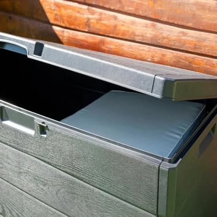 XXXL Kissenbox Anthrazit, Kunststoff mit Holzoptik, 170 Liter Volumen, aufklappbarer Deckel, absperrbar, 55x52x79 cm, Made in Italy – Bild 3