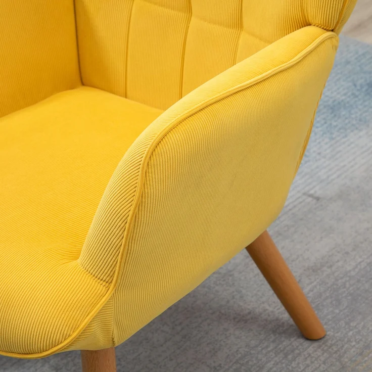 Relaxsessel Loungesessel Ohrensessel mit Hocker in Gelb, Armlehnstuhl mit Holzbeinen, Cord-Optik für gemütliches Sitzen--Gelb--72x80x101cm--YOUDENOVA – Bild 7