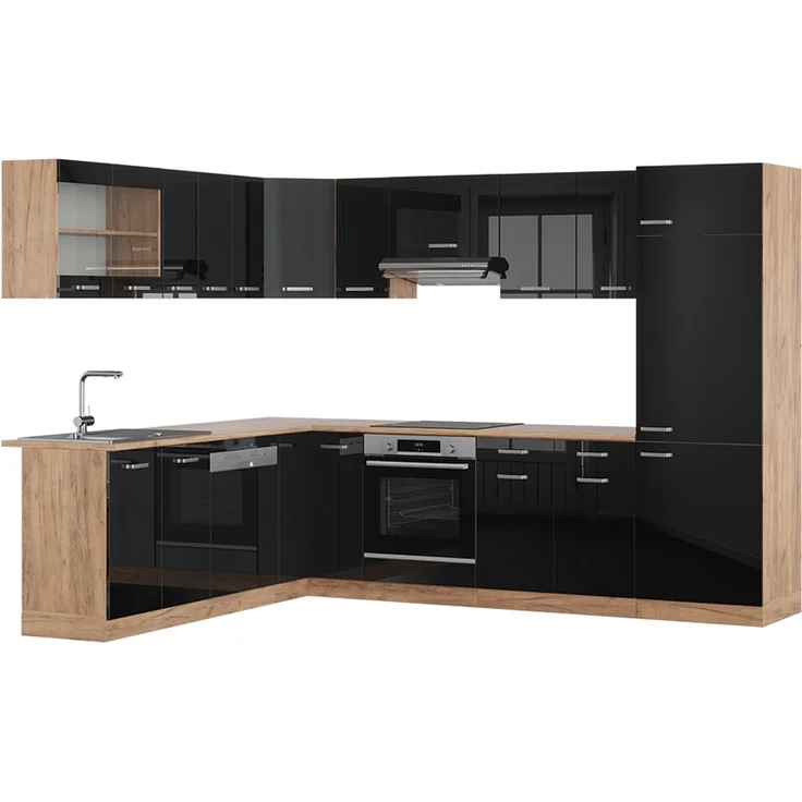 Eckküche R-Line Schwarz Hochglanz/Goldkraft Eiche 287 x 227 cm, AP Eiche Vicco – Bild 1