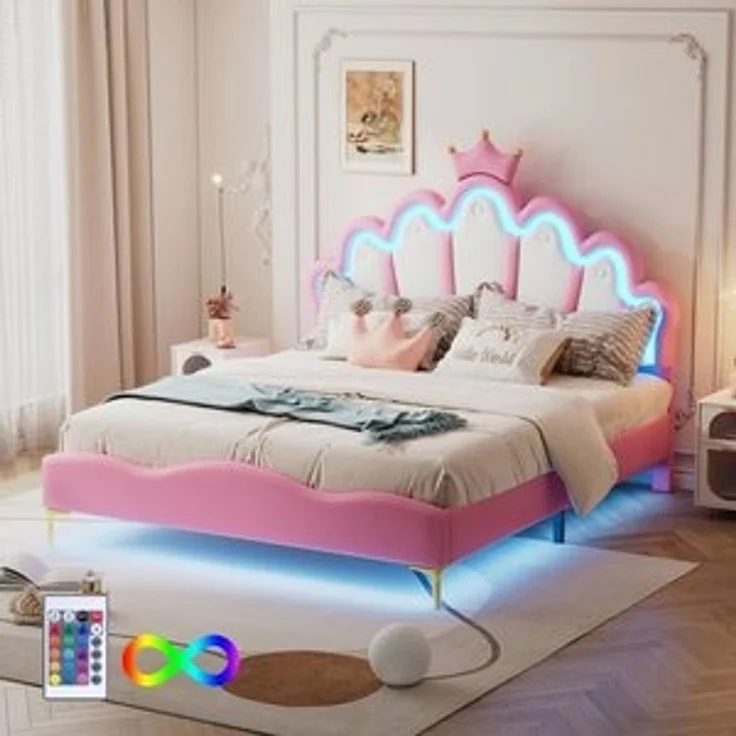 Flieks Polsterbett, LED Kinderbett Doppelbett mit krone-Form Prinzessinnenbett 140x200cm – Bild 6