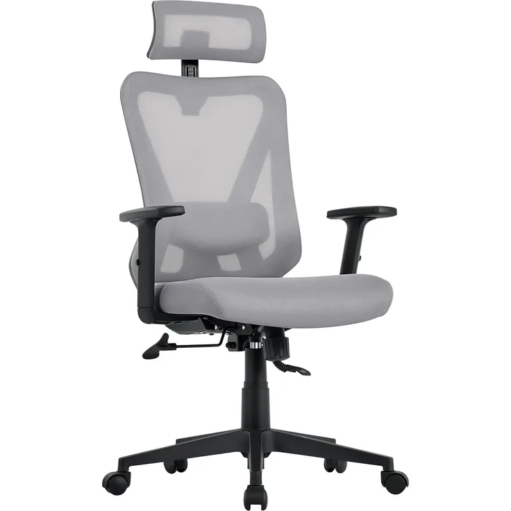 Yaheetech Bürostuhl Ergonomisch, Schreibtischstuhl mit Verstellbarer Kopfstütze, Armlehnen, Lendenwirbelstütze, Verschließbar höhenversteller Drehstuhl mit 90°-130° Liegefunktion Hellgrau