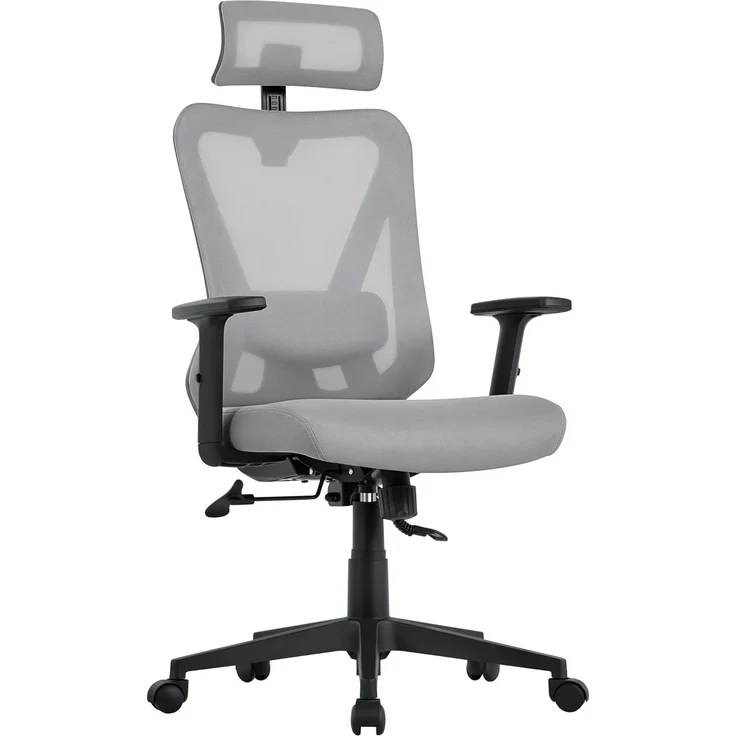 Yaheetech Bürostuhl Ergonomisch, Schreibtischstuhl mit Verstellbarer Kopfstütze, Armlehnen, Lendenwirbelstütze, Verschließbar höhenversteller Drehstuhl mit 90°-130° Liegefunktion Hellgrau