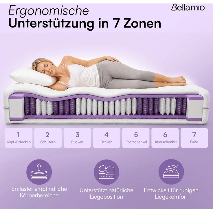 Bellamio 'Lift' Taschenfederkernmatratze 120x200cm, ergonomische 7 Zonen Matratze H3 mittelfest, punktelastisch, wendbar, atmungsaktiver & waschbarer Bezug, aus zertifizierten Materialien – Bild 3
