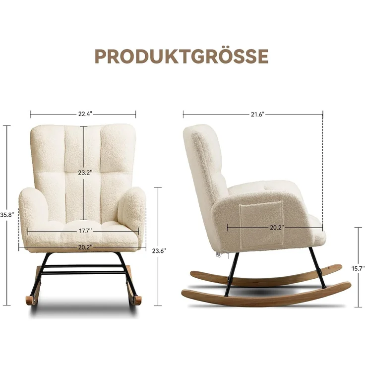 COMHOMA Schaukelstuhl mit Hocker, Relaxsessel mit Armlehnen, Ohrensessel aus Teddy-Plüsch Schaukelsessel, bis 150 kg belastbar, sonnenliege gartenliege für Schlafzimmer, Wohnzimmer,Beige – Bild 3