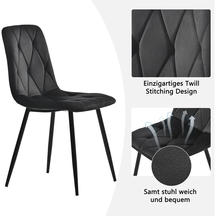Sechseckiger Esstisch 115.5×100 cm mit 4 Samtstühlen, modernes Esszimmer-Set, ergonomisch, MDF Tischplatte, Metallgestell – Bild 6