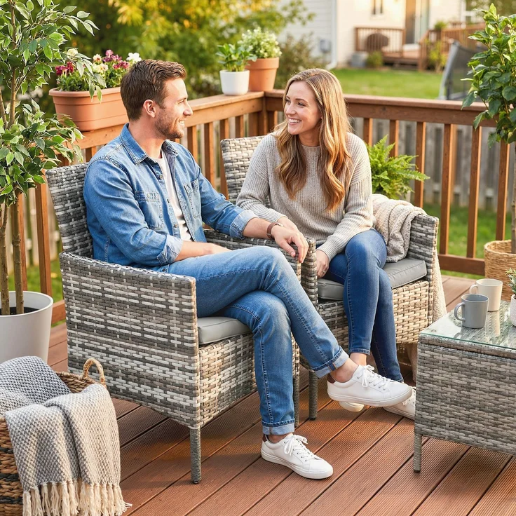 MELAYR, 2er Set Gartenstuhl Polyrattan Gartenmöbel mit 2 Sessel Abnehmbaren Kissen Stahlrahmen Grau, 62 x 58 x 87 cm – Bild 4