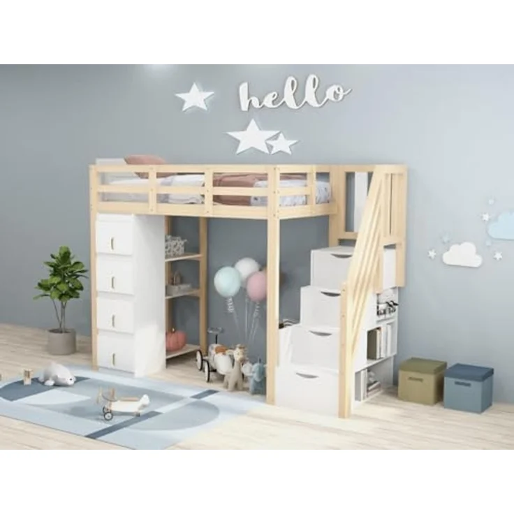 Ball & Cast Hochbett 90*200cm mit Aufbewahrungsschublade Kommode mit Regalen, Sicherheits-Kletterleiter mit Aufbewahrungsschubladen, Multifunktionales Massivholzbett, Kinderbett Jugendbett, Holzfarbe – Bild 5