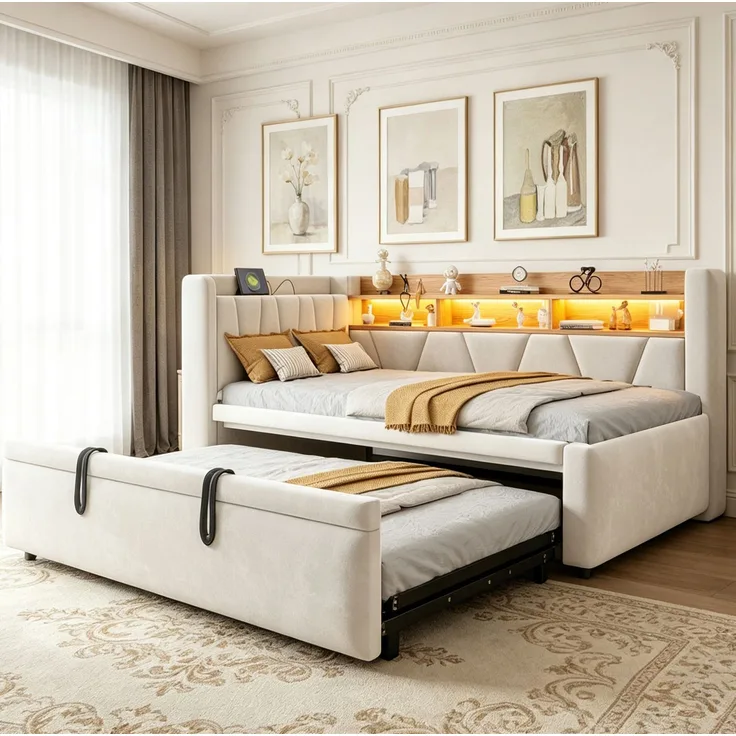 Ausziehbett mit Samtbezug, USB-Anschluss & LED, 90x200 cm, Beige, ohne Matratze