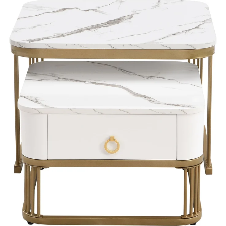 Merax Couchtisch Set Marmoroptik mit Schublade, Beistelltisch hochglanz, Satztisch,Wohnzimmertisch, Gold | Weiß – Bild 8