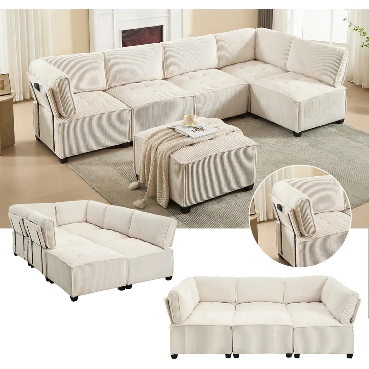 LVHOM Modulares Sofa U Form 308 x 82 x 154 cm, 6-Sitzer mit Schlaffunktion, Modular Cord Ecksofa, umwandelbares Schaumstoffsofa, Sofagarnitur, Beige