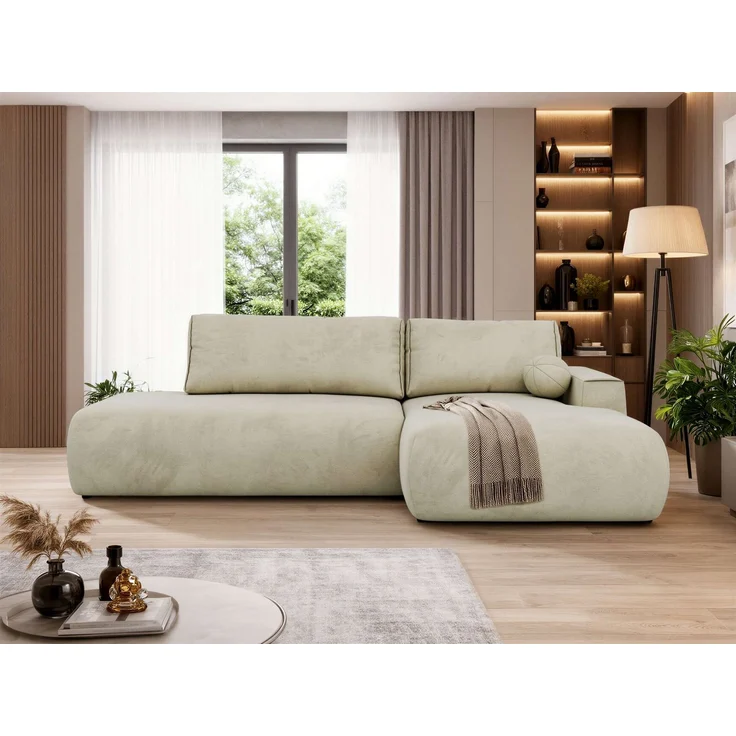 Ecksofa TAREN L mit Schlaffunktion, Bettkasten, DL-Mechanismus, Wellenfederung und freistehendem, Sofa mit Stauraum - Beige Velvet - Rechts – Bild 4