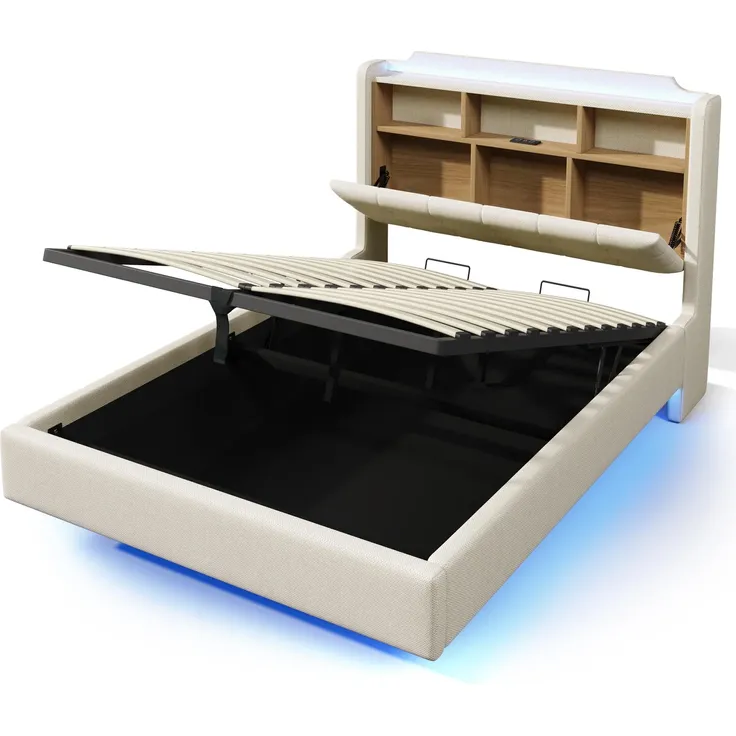 Polsterbett mit LED-Streifen und Stauraum, 140x200 cm, Kopfteil, USB/Type-C Anschlüsse, Doppelbett, Stauraumbett, Leinen – Bild 8