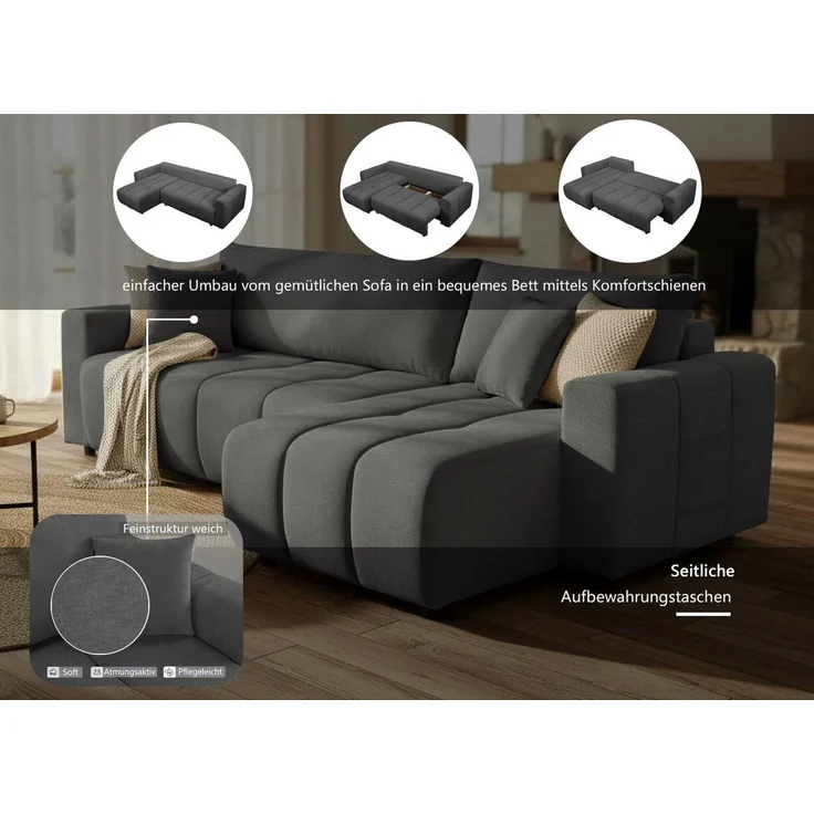 OTTO home Ecksofa YLVAA L-Form, 241 cm - OTTO. Verlässliche Qualität, Schlaffunktion (132/200), Bettkasten, Feinstruktur-Bezug – Bild 2