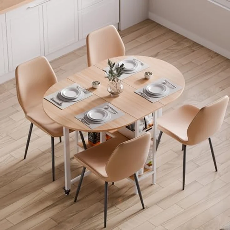 Mondeer Mobiler Klappbarer Esstisch, Klapptisch mit 2 Offenen Ablagen, Rundes Kanten Design, Kleine Räume Esszimmer Küche, 120 x 80 x 75 cm, Eiche und Weiß – Bild 6