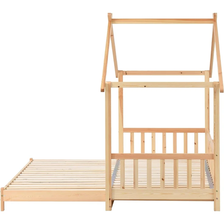 SOFTWEARY Kinderbett Ausziehbett mit Lattenrost und ausziehbarer Liegefläche (90x200 cm/180x200 cm), Hausbett, Kiefer – Bild 3
