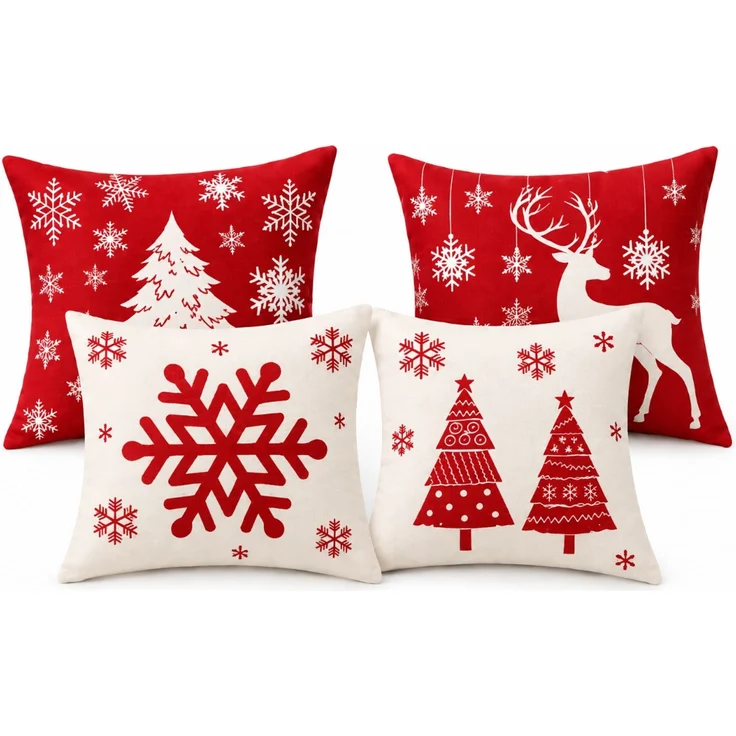 Weihnachts Kissenbezüge 45 × 45 cm 4er Set mit Rentier Tannenbaum und Schneeflocken